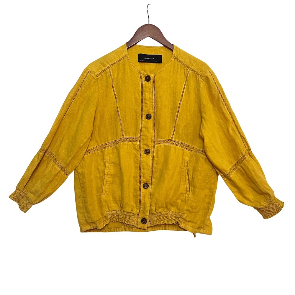 Zara Basic Womens Sunburst Mustard Yellow 100% Linen Lattice Lace Jacket Small